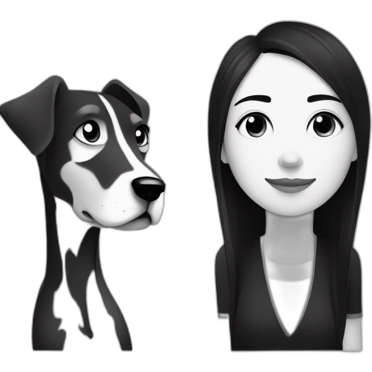 dog and a dark-haired girl looking at each other in style of ((sarah andersen)), black and white emoji