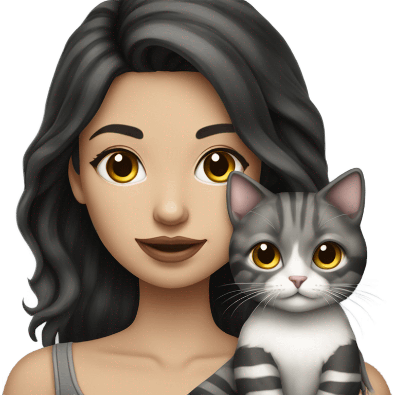 Beautiful dark haired tattooed woman holding gray and white stripe long haired cat emoji