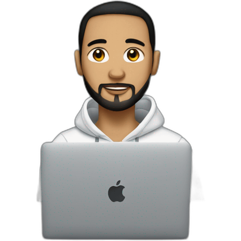 man with black hair ponytail and shaved beard on a hoodie sitting with macbook emoji