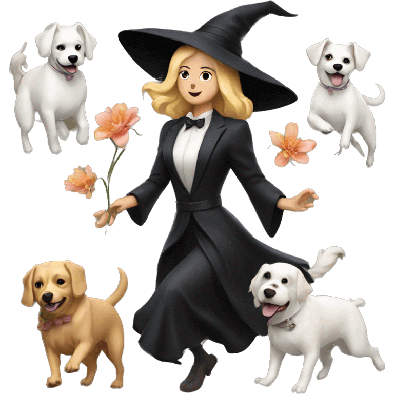 A witch flying on a bloom with her pack of dogs following her.  One short white dog, one curly with blond and one black with a white tuxedo  emoji