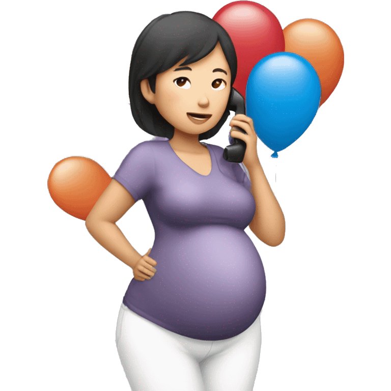 Pregnant Asian woman calls on the phone with balloons in her hands emoji