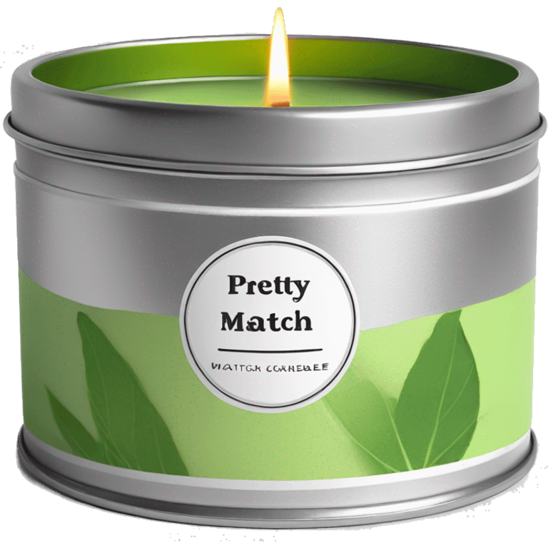 small pretty matcha scented candle in silver tin with label realistic emoji