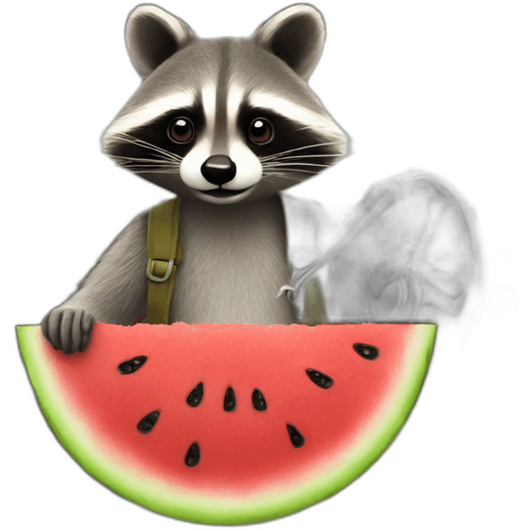 A raccoon with a watermelon behind the wheel of a car and a spanner emoji