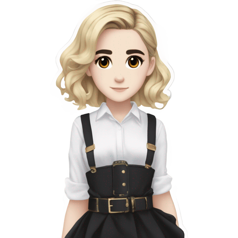 Anime version of Kiernan Shipka in 20denier black thigh highs and super high platform high heel sandals with white blouse with belt  emoji