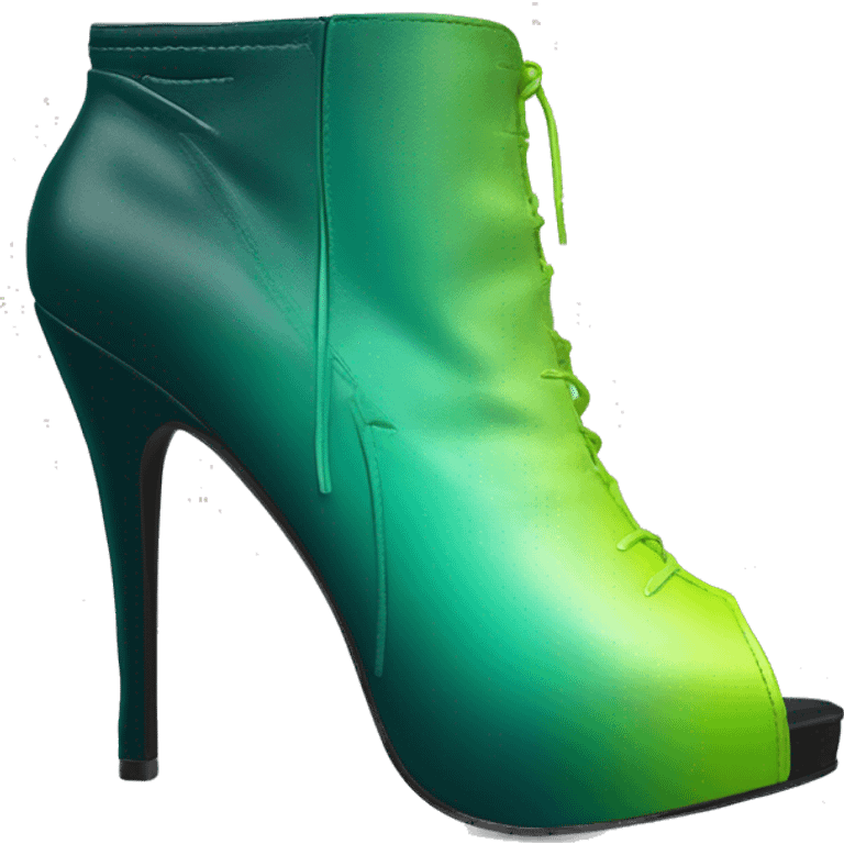 Realistic isolated top front view of a pair of dark teal,lime green,mint green and emerald green ombre high heel peep toe ankle bootie boots. emoji