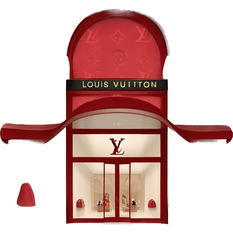 “Louis Vuitton store exterior with a red facade, iconic LV monogram, large glass windows, and elegant entrance doors.” emoji