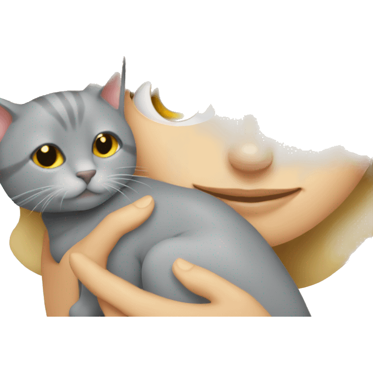 One blond girl is cuddling with one grey cat  emoji