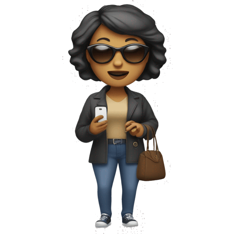 A middle-aged woman with  a short, asymmetrical bob with layers trendy casual attire, large sunglasses, a handbag, and a smartphone, often showing an entitled expression. emoji