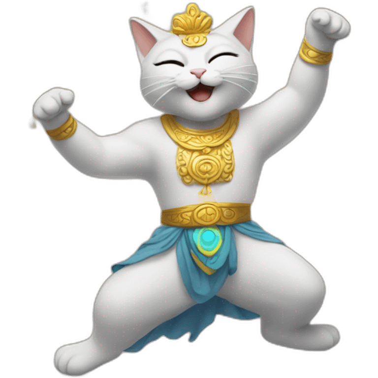 a cat dancing with a god emoji