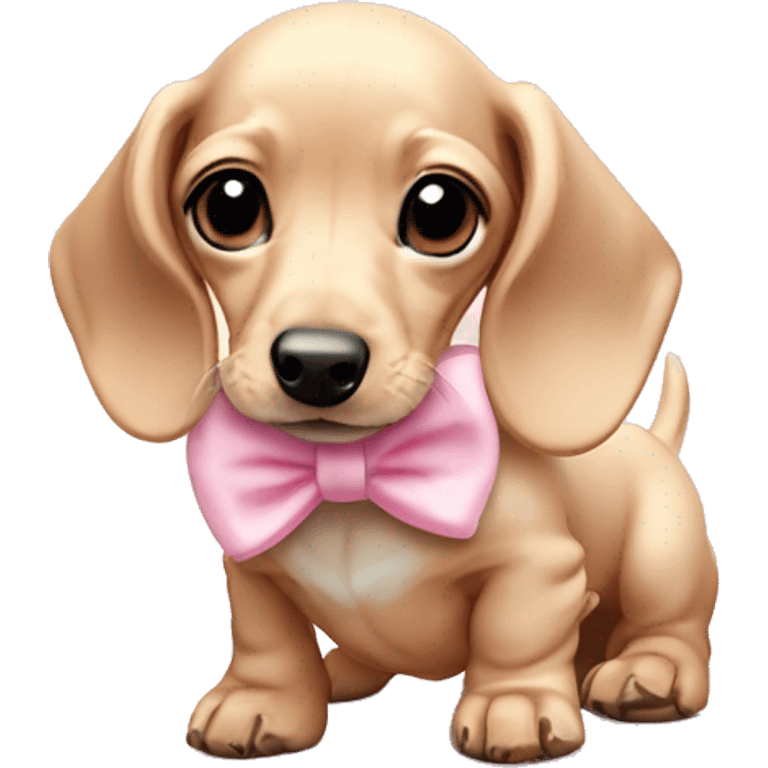 Cream miniature dachshund puppy with baby pink bows on its ears emoji