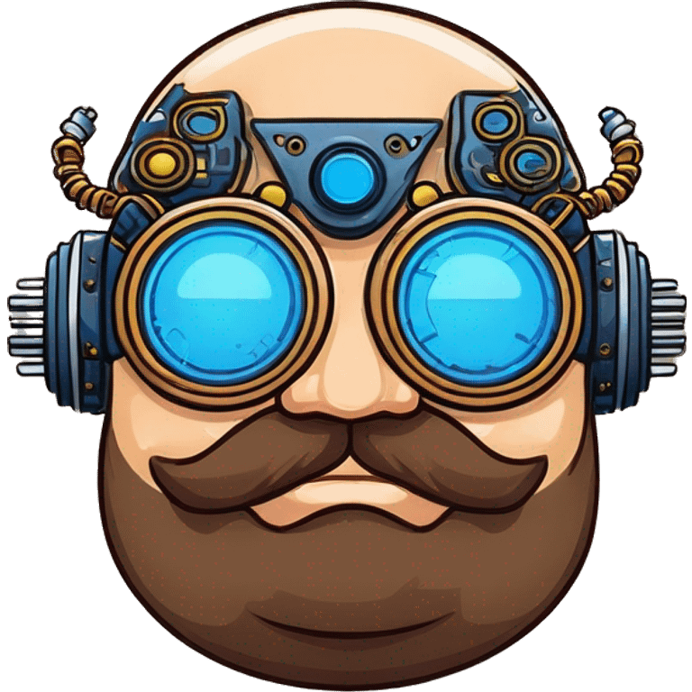 Fat bald cyborg head with blue steampunk goggles, brown beard and circuits emoji