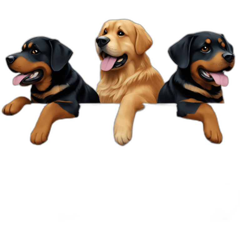 A rottweiller and A Golden retriever hugging a rottweiller on a moving truck emoji