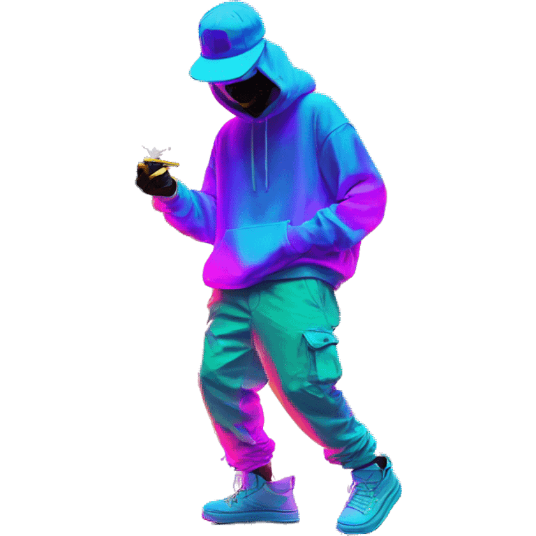 Multicoloured neon person smoking wearing hoodie dancing hip hop bucket hat tropical Skater fashion aesthetic baggy clothes graphic t shirt 420 emoji