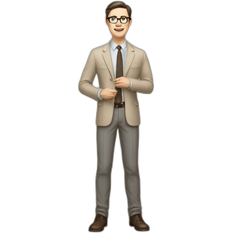 Full height Gesticulating Pale skinned fit man with dark brown hair in gray jacket, beige office shirt, brown tie, brown pants and vintage glasses. emoji