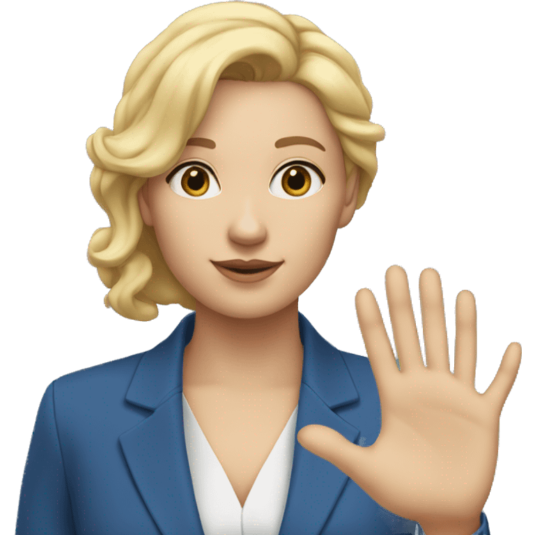 a woman with blonde hair and flesh-colored skin in a blue suit saying goodbye with her hand emoji