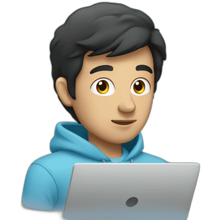 man without beard with sky blue hoodie with black hair working on laptop emoji