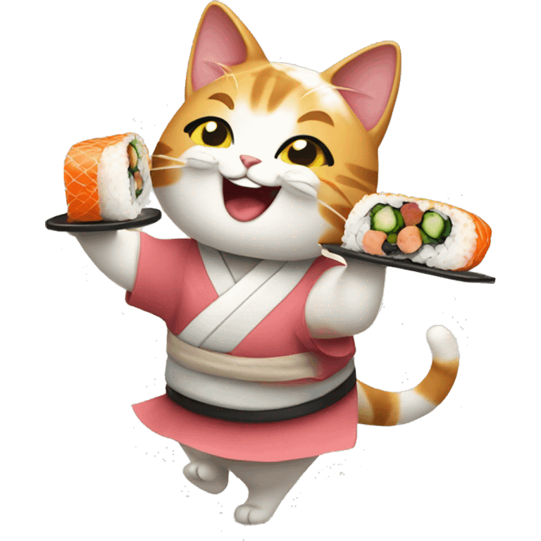 happy girl cat eating sushi and dancing emoji