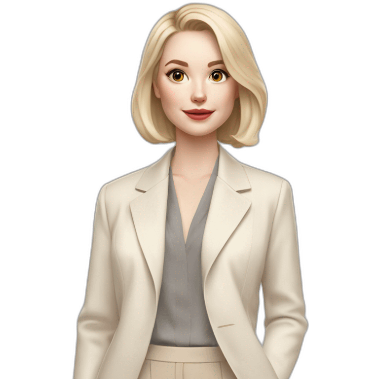 pale skin woman with ash blonde Straightened bob Hair, White Spacious classical jacket, beige palazzo Arrow pants and gray blouse holding a color palettes in the hands emoji