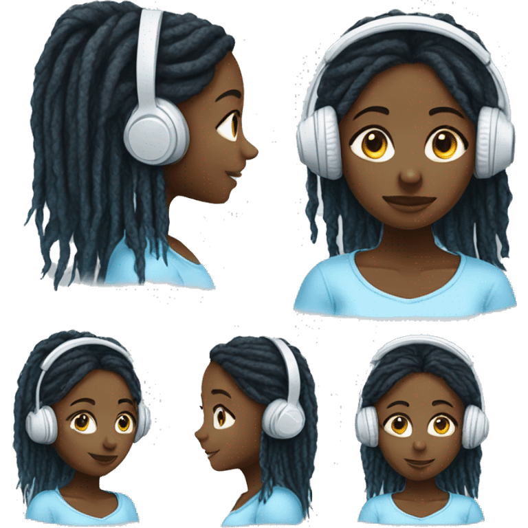 African girl. Black long twists. Wearing white headphones. Listening to music. Wearing a light blue shirt. emoji