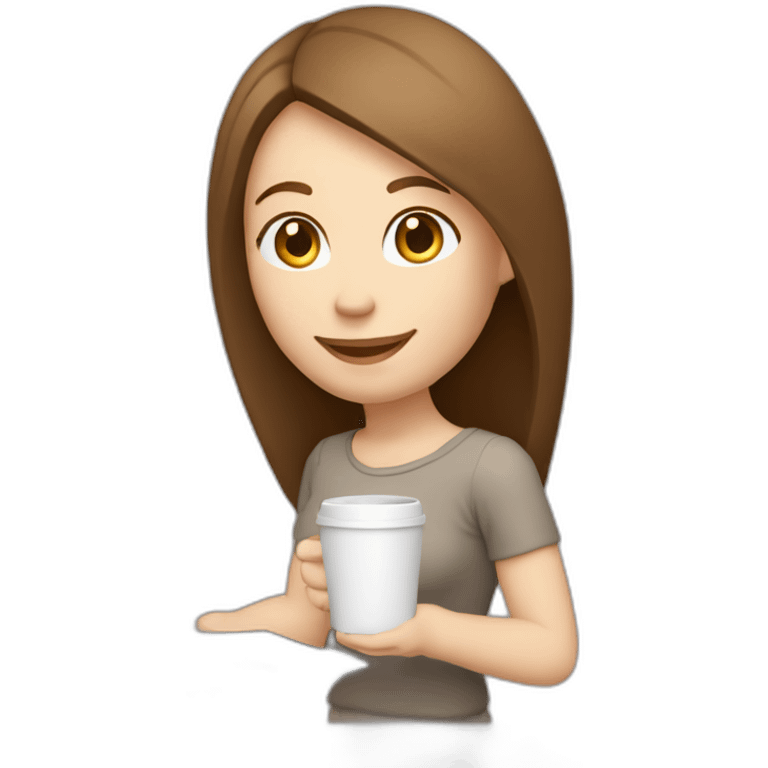 Smiling pale skin woman with middle brown straight hair holding a closed laptop on her left hand and a coffee mug on her right hand not full body shot emoji