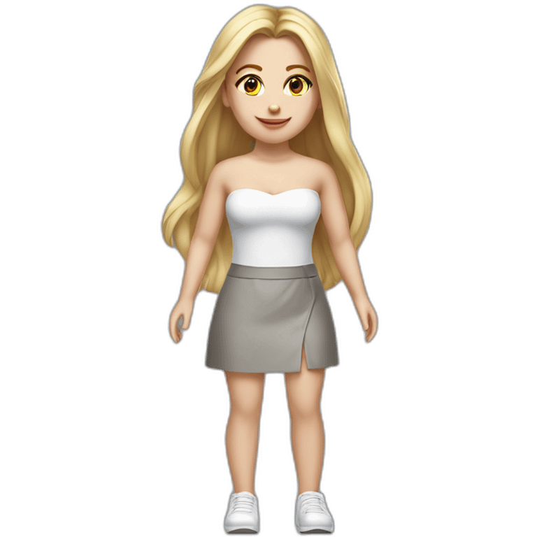 hyperrealistic caucasian long blonde hair brown eyes woman white v-neck strapless top gray tight mini skirt walking towards camera emoji