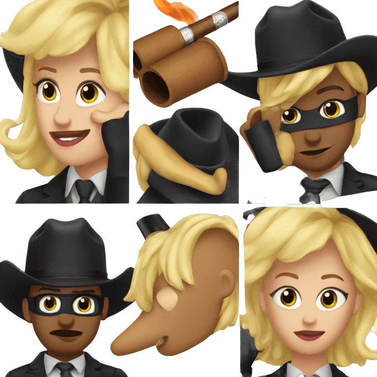 Kat with a big blonde bob smoking a cigar and a black suit wearing a black cowboy hat emoji