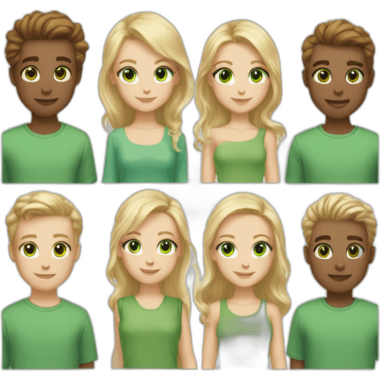 2 boys blonde hair blue eyes 2 girls blond hair blue eyes one man blond hair blue eyes one woman brown hair green eyes, white skin emoji