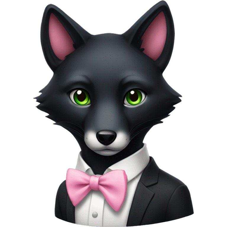 black fox, green eyes, pink bow tie emoji