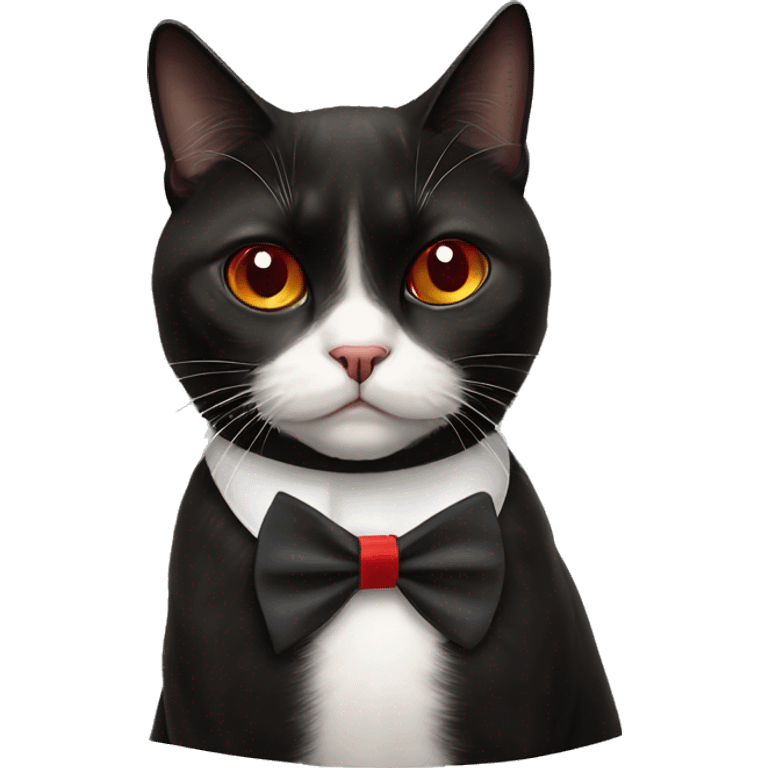 Grumpy black cat with white triangle marking only under the  chin ( nose is back, nose bridge is black, chin is white, chest is white) wearing a red bow tie  emoji