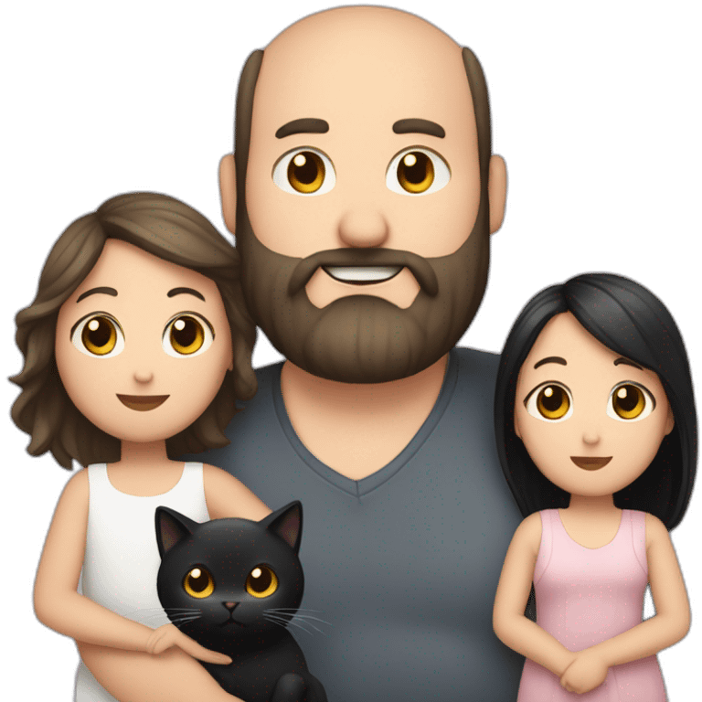 Family photo a fat husband with a beard is holding a white cat and wife with straight hair is holding a black cat emoji