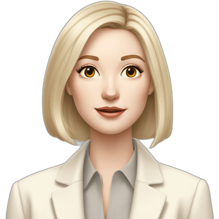 pale skin woman with ash blonde Straightened bob Hair, White Spacious classical jacket, beige palazzo Arrow pants and gray blouse holding white IPhone 15 pro in the hands emoji