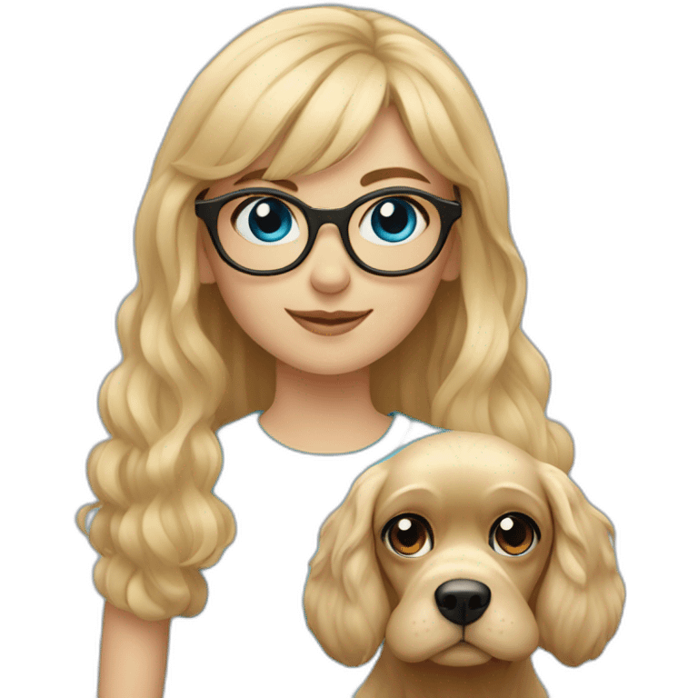 young blonde girl with blue eyes with bangs and glasses with her beige cocker spaniel emoji