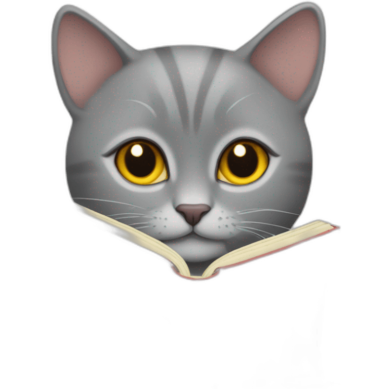 Grey Russian cat with golden eyes sitting like a person while reading a red cover book with the title “just chilling” title on the cover emoji