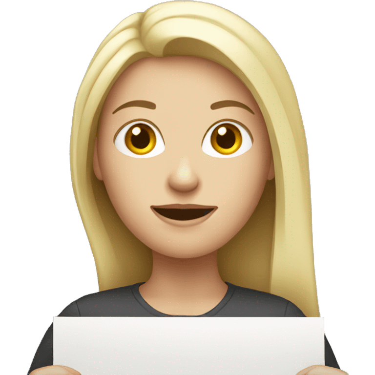 White woman holding a sign 4 B emoji