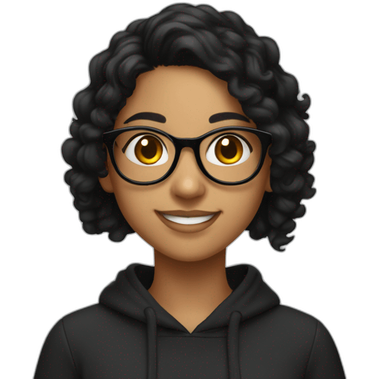 smiling teenage indian girl with glasses with black curly hair wearing a black hoodie with no zipper emoji