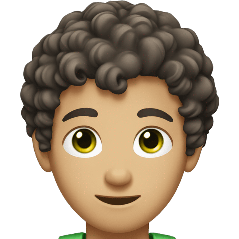 Young man with curly dark brown hair and green eyes emoji