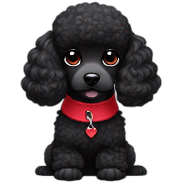 A cute tiny black poodle with black eyes and red collar emoji