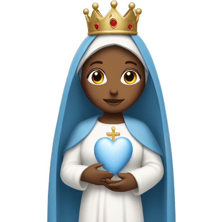 holy mary with a crown, blue veil, white clothes, holding a heart in her hands emoji