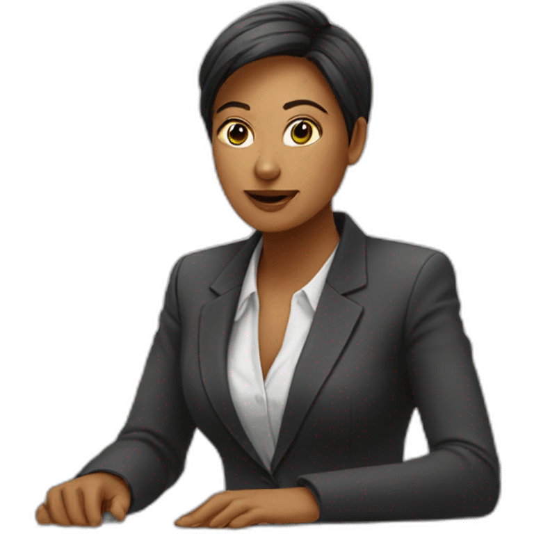 Woman wearing a suit telling things while sitting on a white table emoji