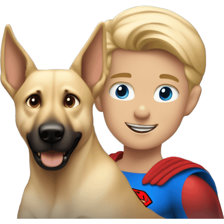 blond boy with blue eyes flying with his malinois dog superman emoji