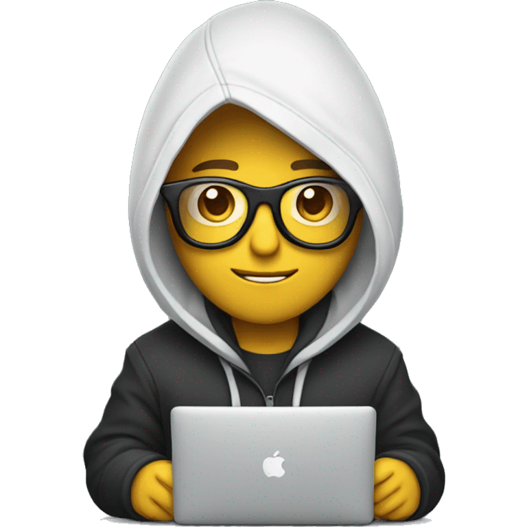 a designer in glasses and a hoodie holds a mac book in his hands emoji