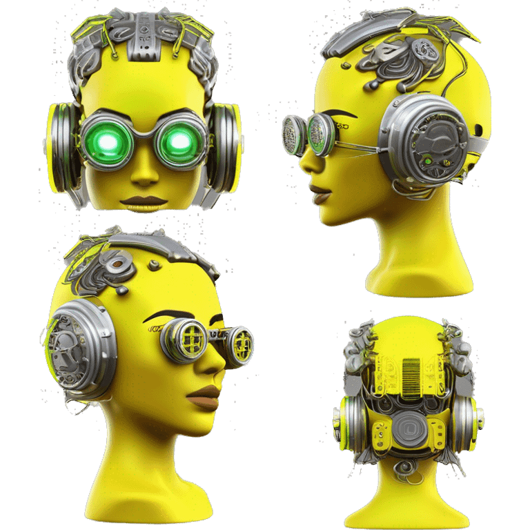 Neon yellow bobbed hair Latina female cyborg head with silver steampunk goggles and circuits emoji