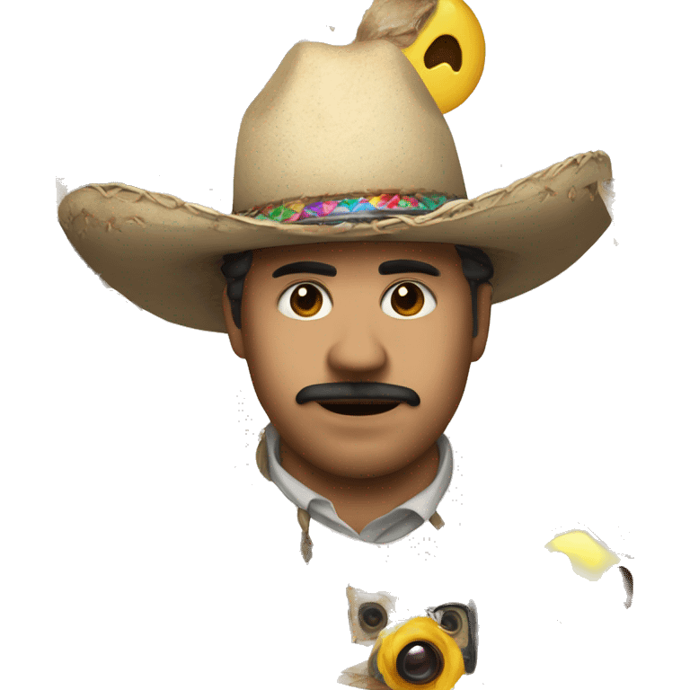 An emoji with star eyes, a film camera in one hand, wearing a Mexican charro hat and with paint smears all over his face. emoji