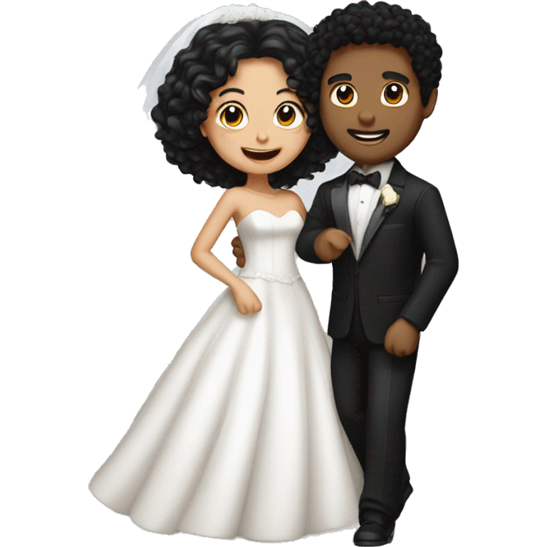 Bride with black curly hair and groom with short black hair dance emoji