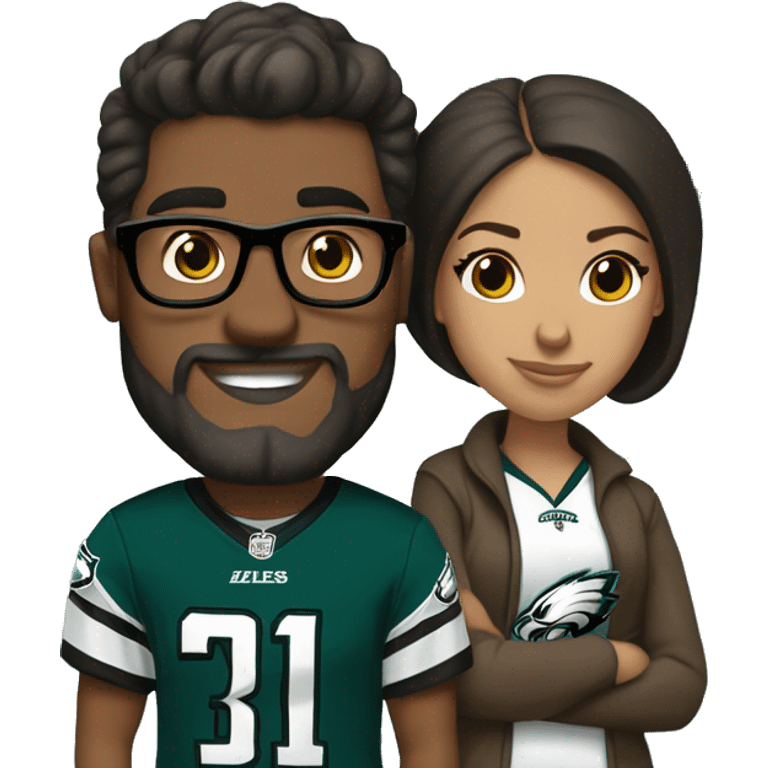 Brown guy and brown girl with glasses and hair in a bun in Philadelphia eagles clothes holding hands emoji