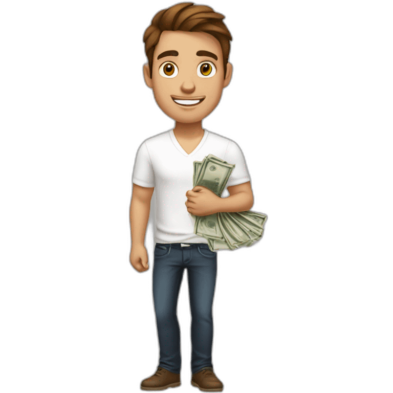 A young fit man with a white shirt with forward Brown hair and beige skin and with money in his hand emoji