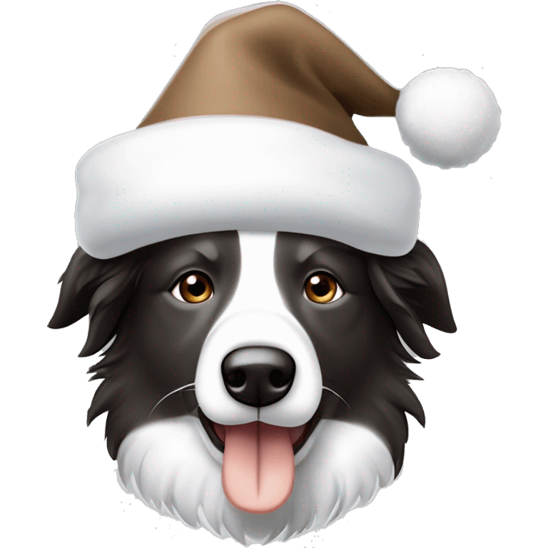 Bordercollie mit braunen und grauen stellen im weißen Gesicht. Spitze Ohren Ohren weis gesicht unterer Teil braun grau. Hat weihnachtsmütze auf  emoji