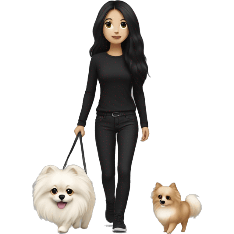 pale girl with long black hair wearing black pants walking with pomeranian emoji