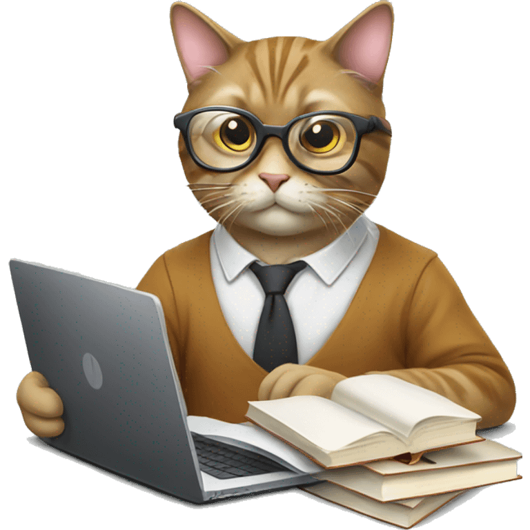 Cat studying, glasses, books, laptop emoji