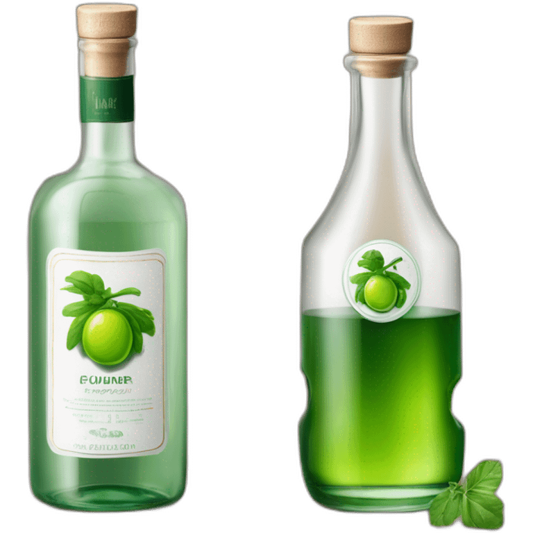 grüner schnaps in länglicher flasche mit einem bergdorf auf dem etikett und dem namen "lauterbacher tropfen" emoji